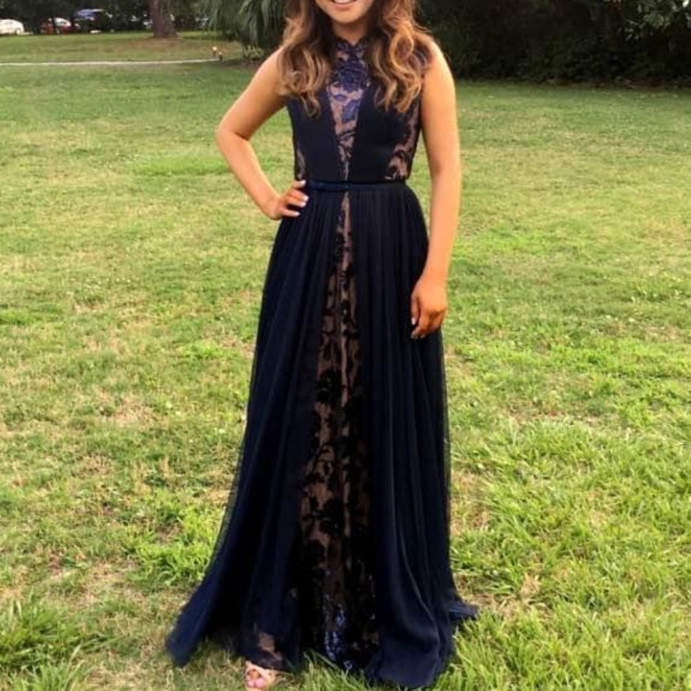 Navy and Nude Lace Formal Gown